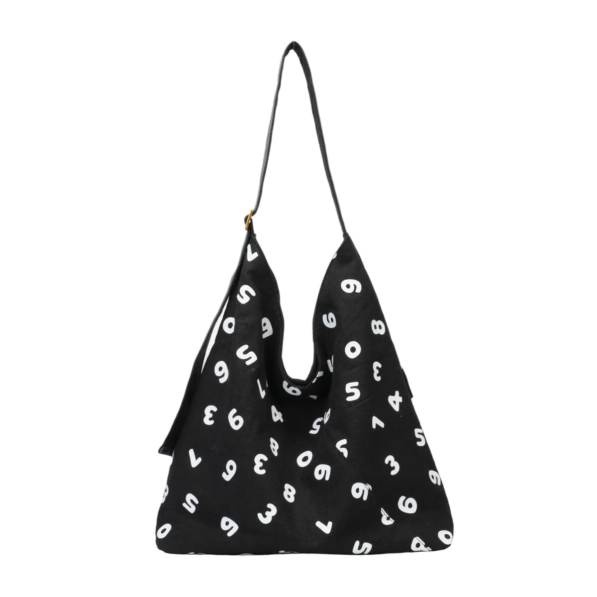 BAMEI Natural Ramie Oversized Hobo Tote Bag with Number Print & Leather Strap - Black