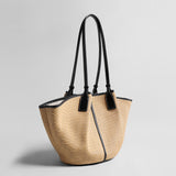 Large Paneled Woven Straw Tote Bag - Natural