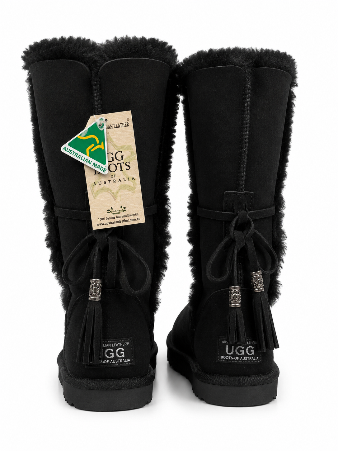 Australian Leather Ugg Tall Fur Tassel Tie Up Uggs - Black - AU10