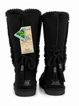 Australian Leather Ugg Tall Fur Tassel Tie Up Uggs - Black - AU10