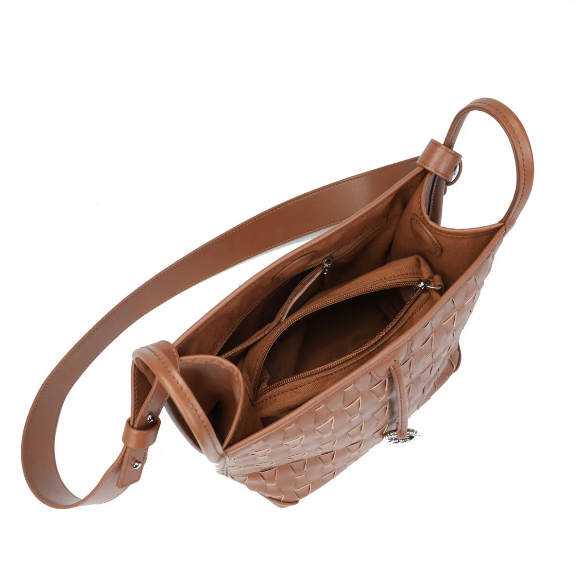 BAMEI Embossed Calfskin Leather Bucket Bag Set - Brown