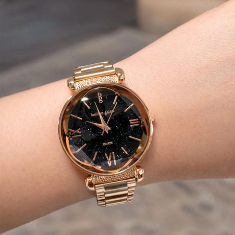Boxed Black Face Watch & Earrings Set In Rose Gold