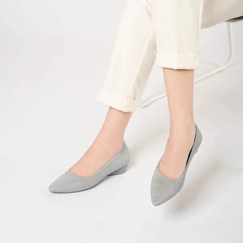 Diagonal Cut Knit Pointed Toe Wedge Flats - Grey