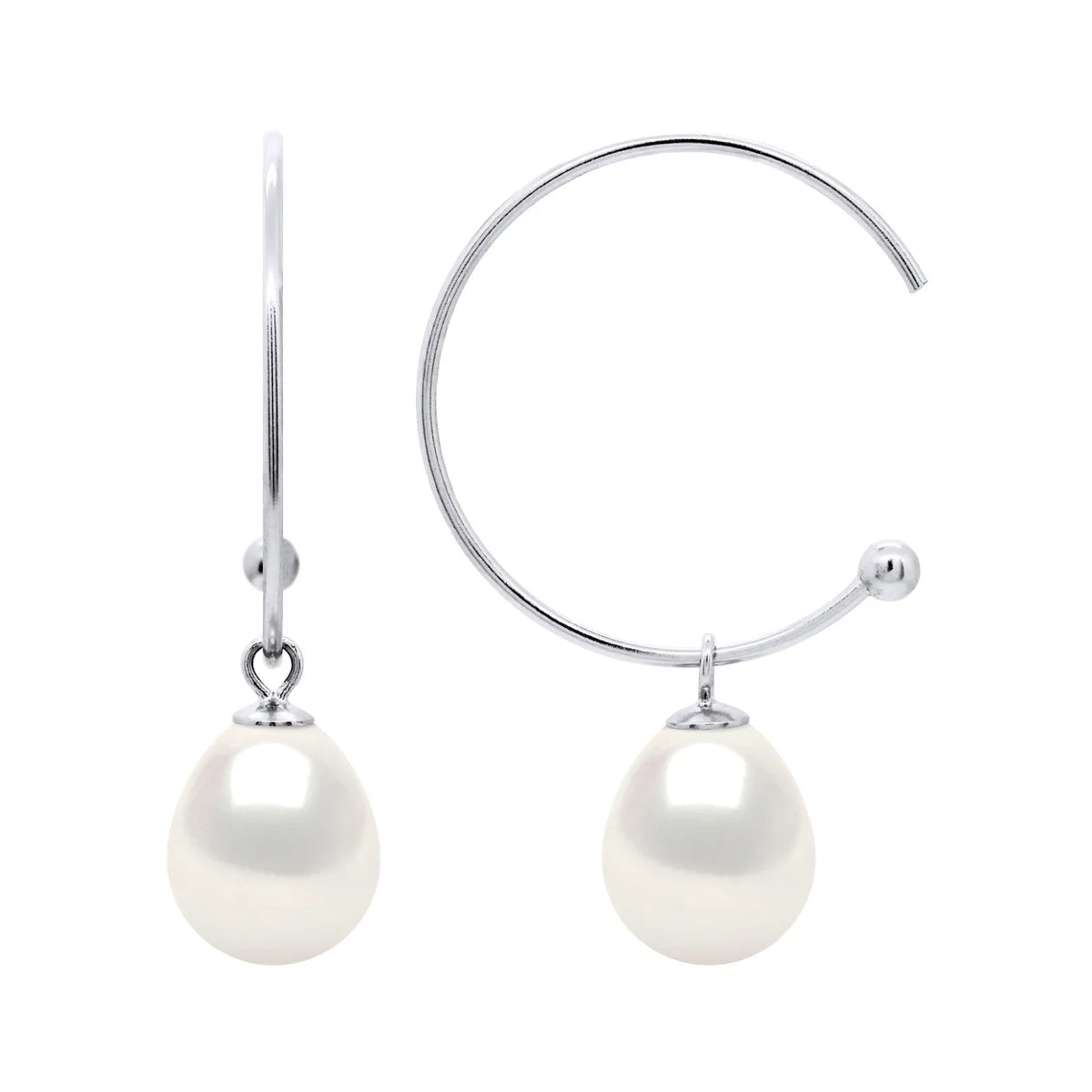 Hoop Drop Earrings Freshwater Pearl White Sterling Silver 9-10mm