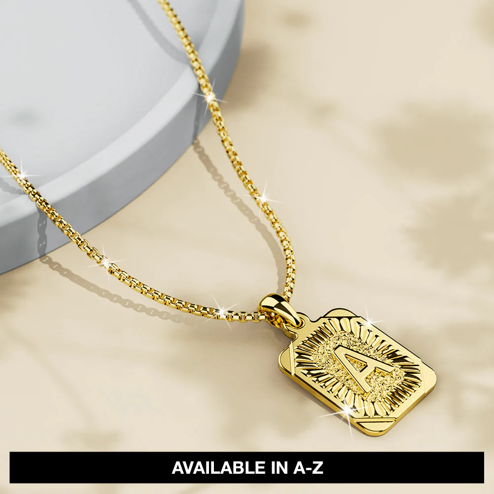 Bullion Gold Vintage Inspired Initial Medal Gold Bar Pendant Round Box Chain Necklace