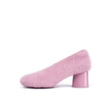 Fuzzy Round Toe Block Heel Pumps - Pink