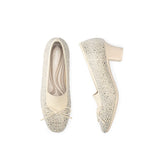 Rhinestone Bow Knit Round Toe Block Heel Pumps - Ivory