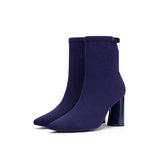 Pointed Toe Block Heel Knit Ankle Boots - Purple