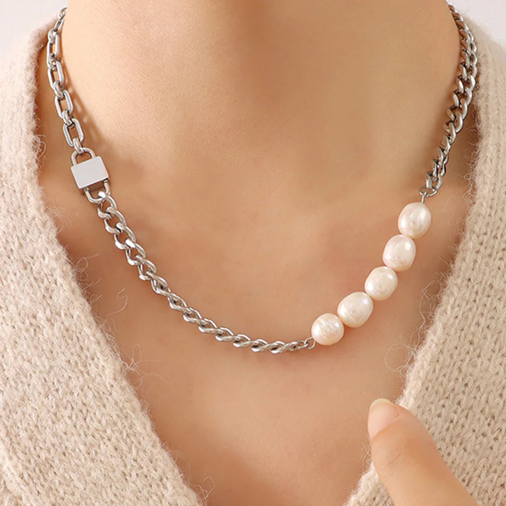 Bullion Gold Paperclip Cuban Chain Link Pearl Necklace in White Gold