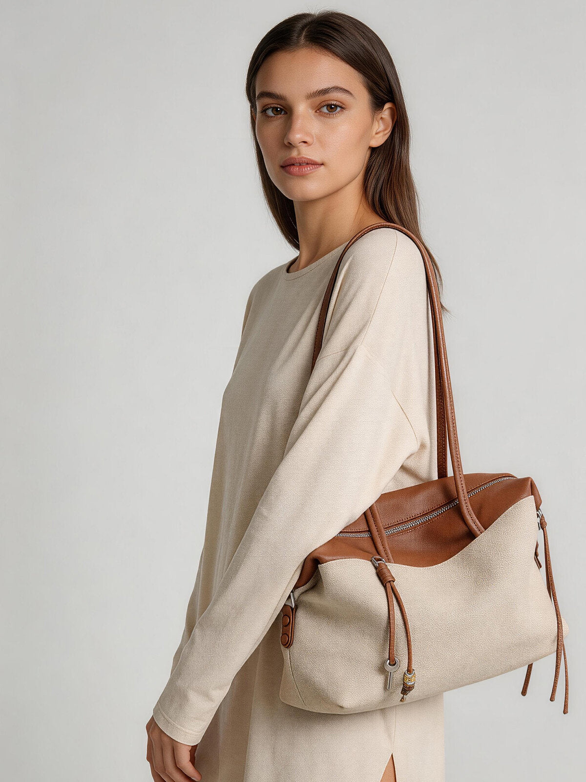 Linen & Leather Colour-Block Tote Bag - Brown