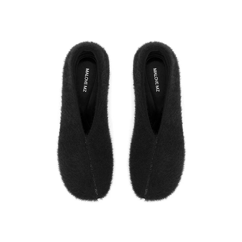 Fuzzy Round Toe Block Heel Pumps - Black