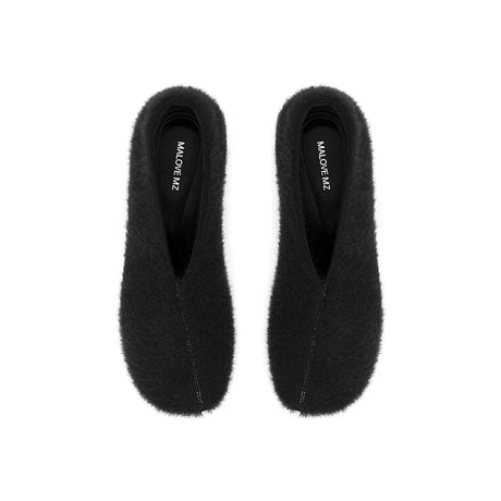 Fuzzy Round Toe Block Heel Pumps - Black