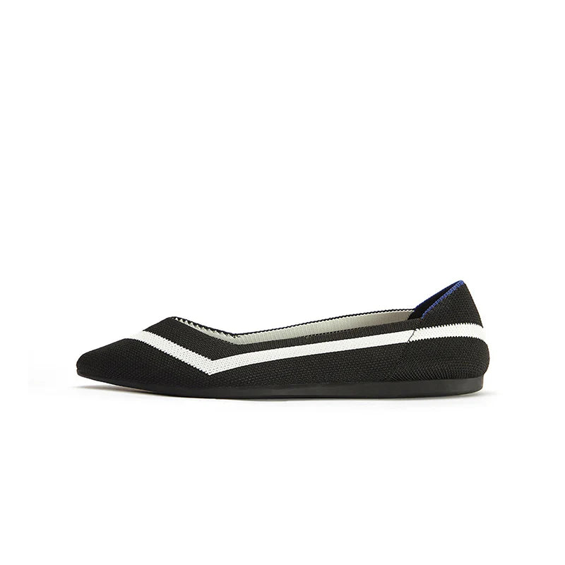 Comfortable Woven Striped Pointed Toe Flats - Black