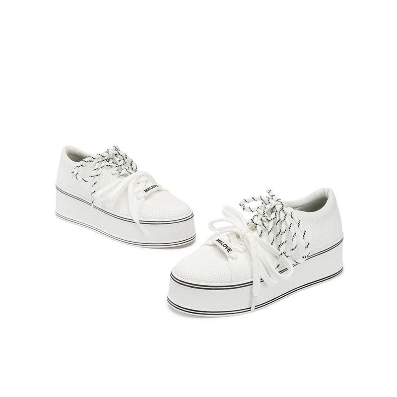Dual Lace Platform Knit Sneakers - White