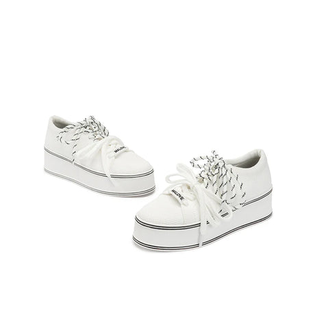 Dual Lace Platform Knit Sneakers - White