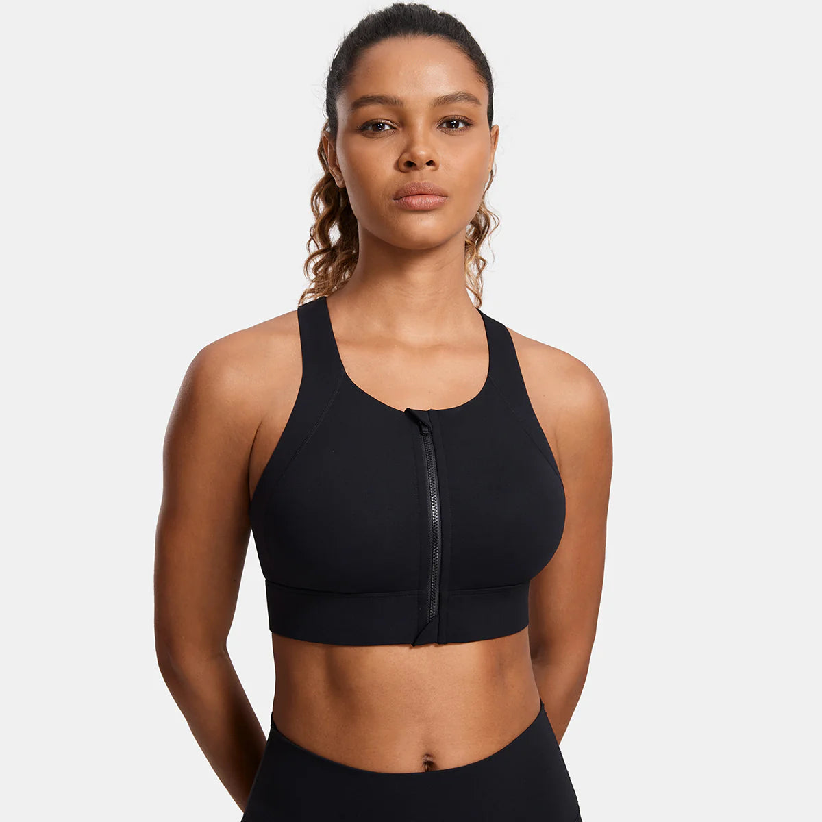 Power On Zip Front Racerback High Impact Sports Bra - Black