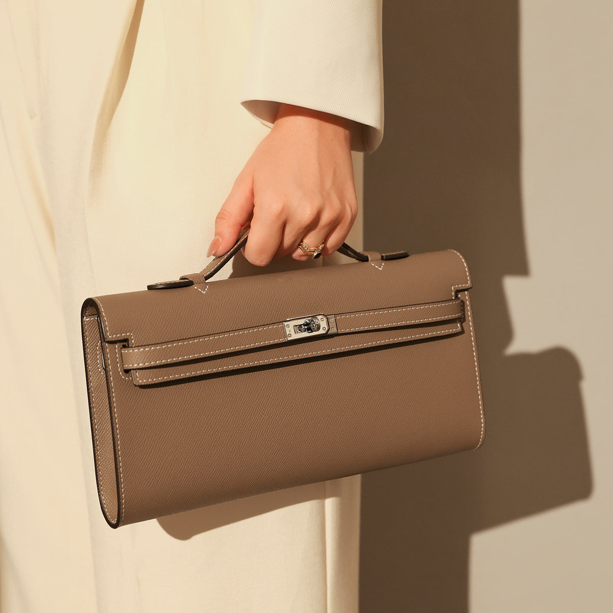 Structured Saffiano Leather Top-Handle Clutch - Taupe