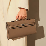 Structured Saffiano Leather Top-Handle Clutch - Taupe