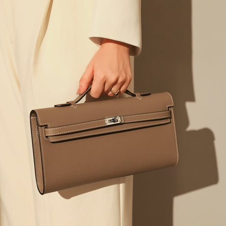 Structured Saffiano Leather Top-Handle Clutch - Taupe