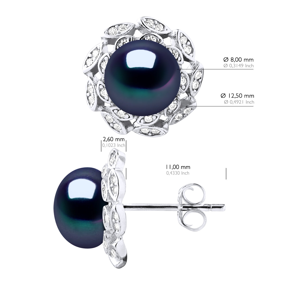 Earrings Real Cultured Freshwater Pearls Button 8-9 mm - Black Tahiti - Longueur 42 cm