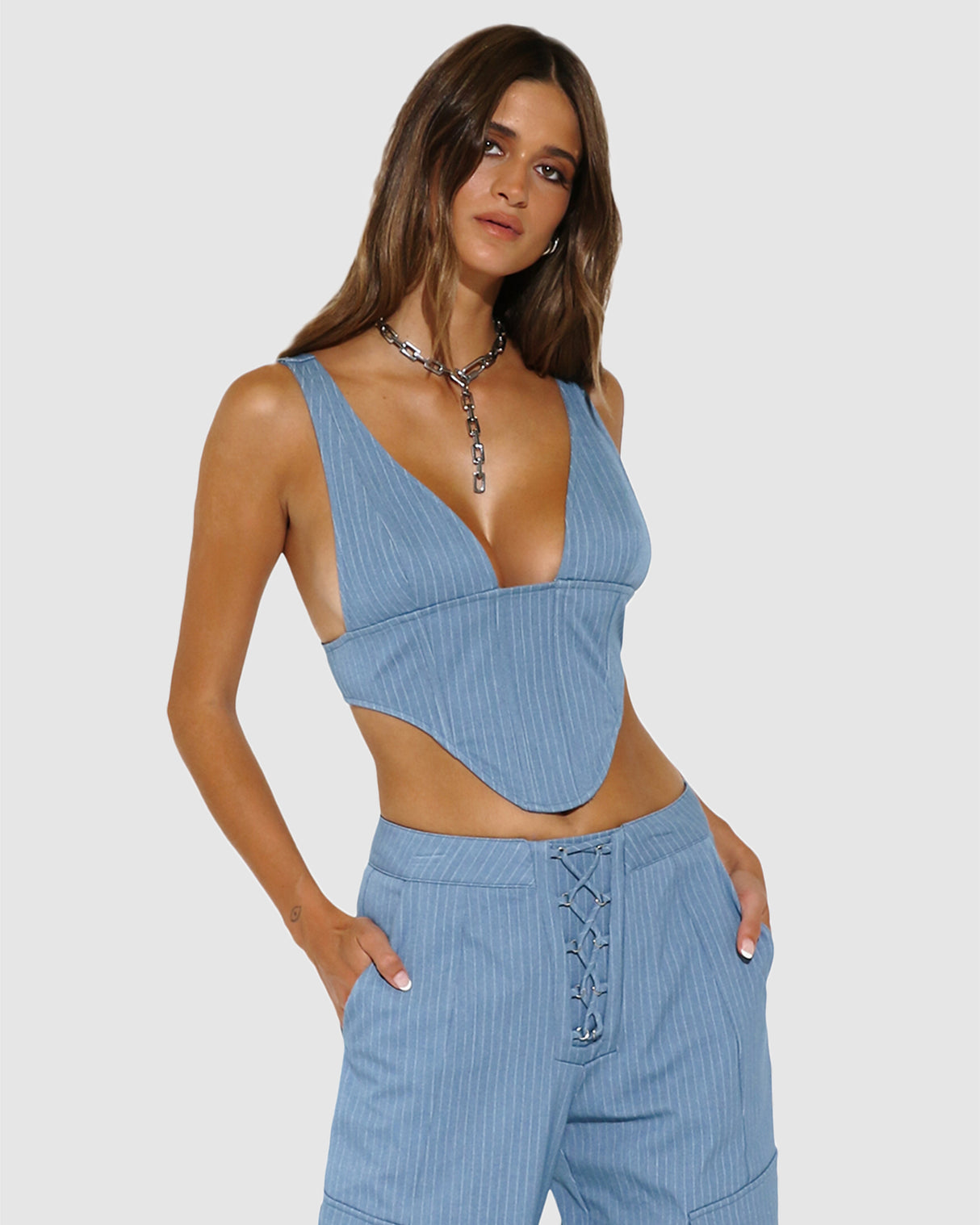 BY.DYLN Hunter Corset - Blue Pinstripe