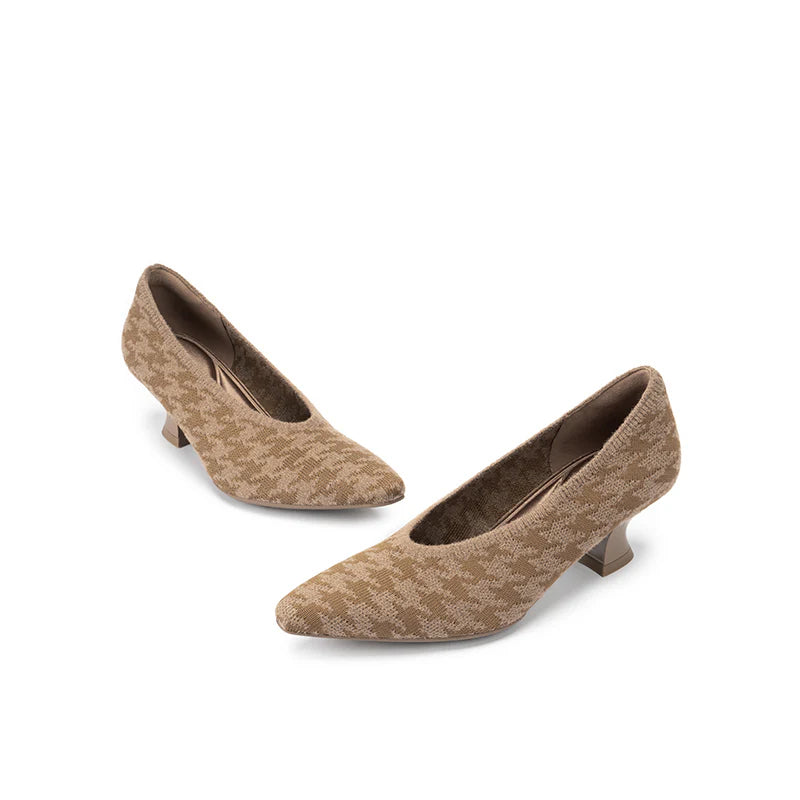 Houndstooth Block Heel Pumps - Mocha