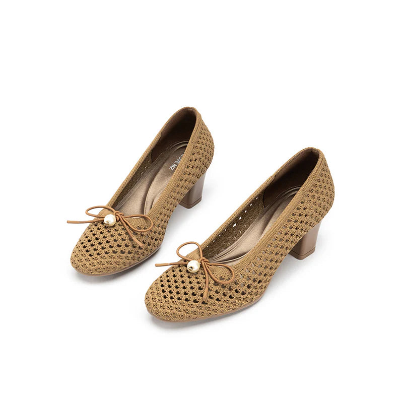 Pearl Bow Mesh Knit Round Toe Pumps - Tan