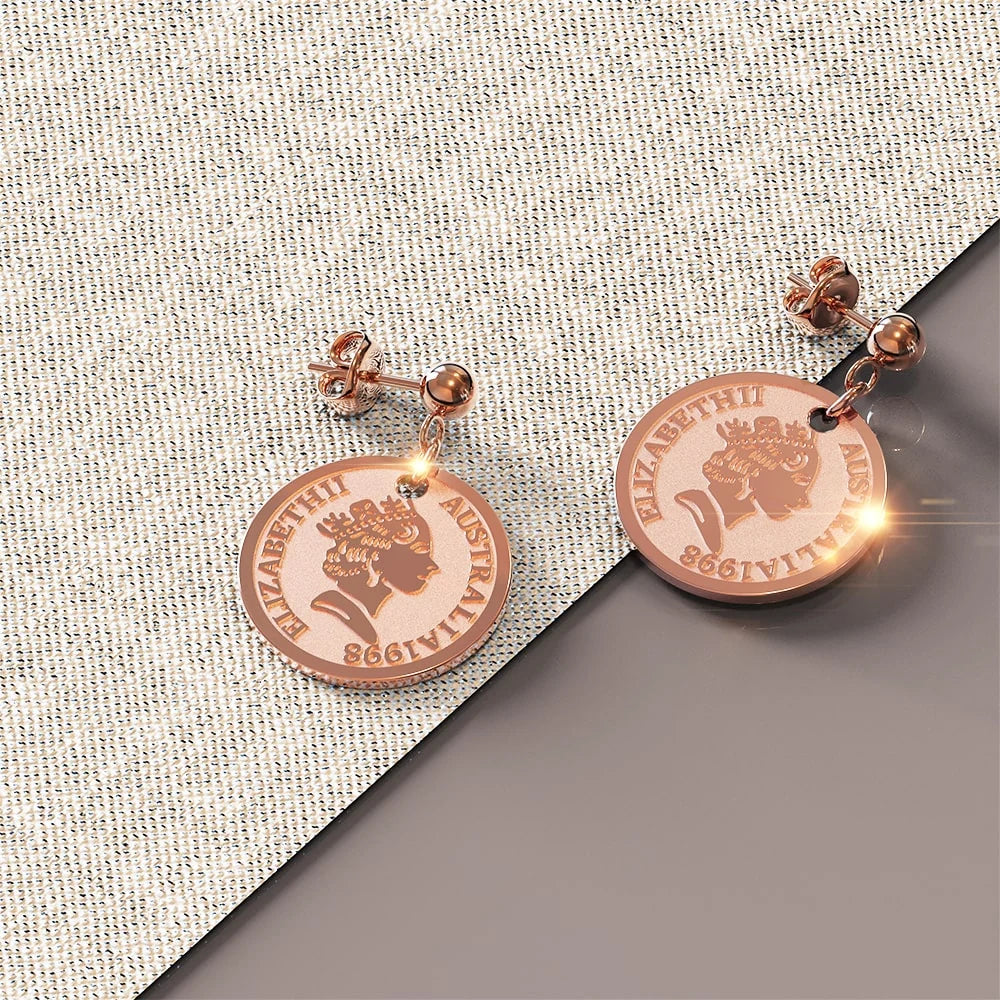 Bullion Gold Queen Elizabeth Coins Drop Earrings