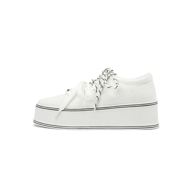 Dual Lace Platform Knit Sneakers - White