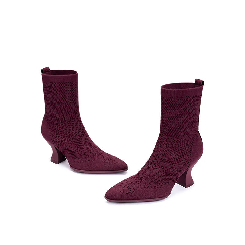 Pointed Toe Knit Sock Boots - Wine