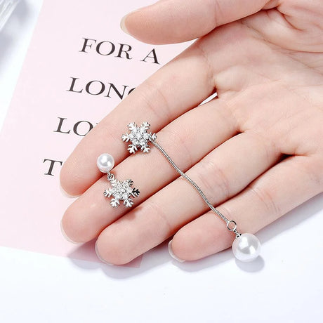 Sparkling Zirconias Snow with White Pearl Drop Earrings