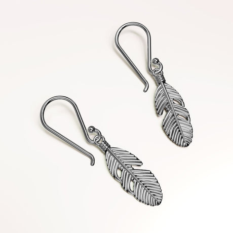 Solid 925 Sterling Silver Oxidised Feather Dangle Earrings