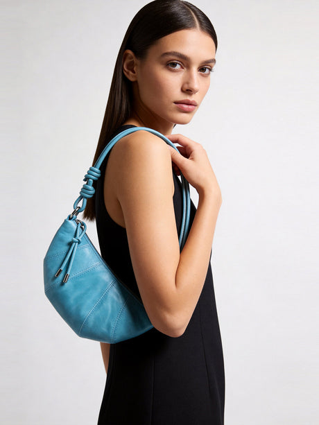 Oil-Wax Leather Crescent Shoulder Bag - Blue