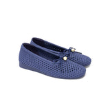 Pearl Bow Heart Mesh Knit Round Toe Wedge Flats - Navy