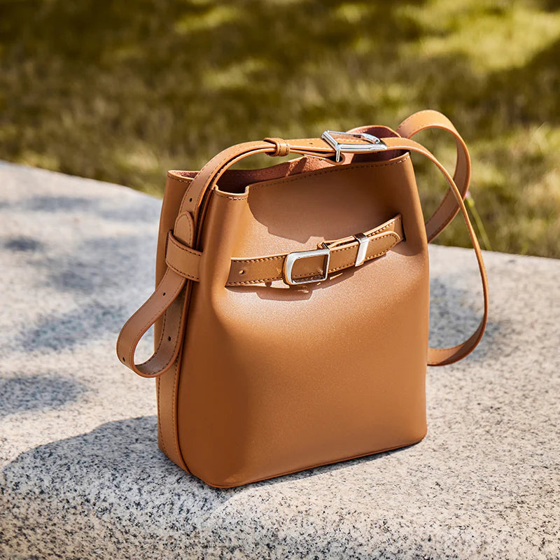 Nalandu Harper Leather Belt Accent Bucket Crossbody Bag - Brown