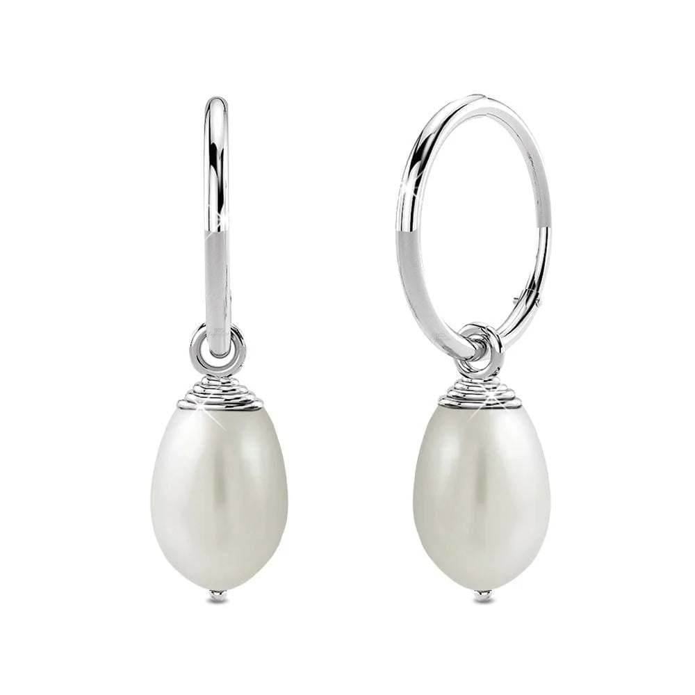 Solid 925 Sterling Silver Raindrop Pearl Hoop Earrings