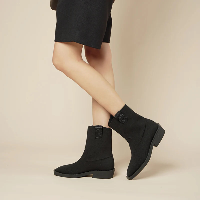 Knit Block Heel Ankle Boots - Black