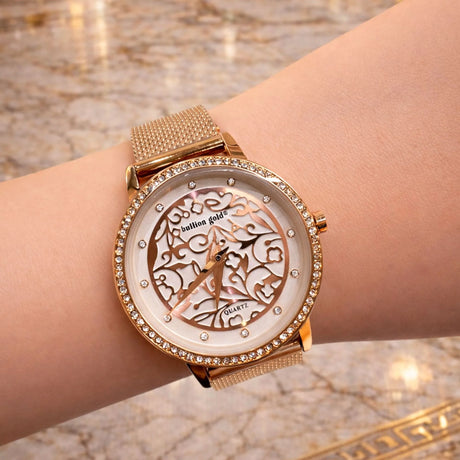 Boxed Bullion Gold Elite watch and Bracelet Set Embellished with Crystals in Rose Gold