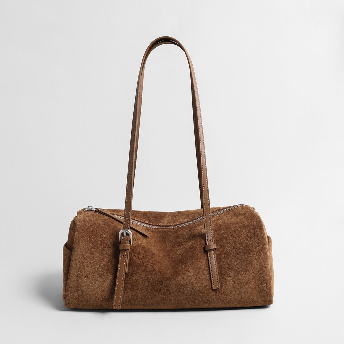 Vintage Suede Barrel Shoulder Bag – Adjustable Leather Crossbody Tote
