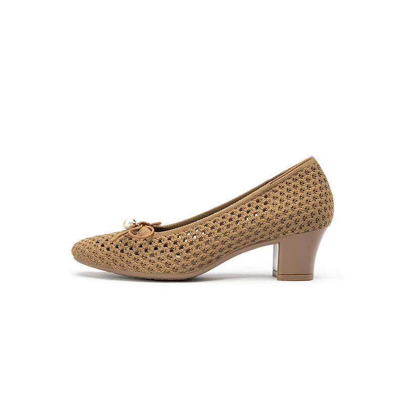 Pearl Bow Mesh Knit Round Toe Pumps - Tan