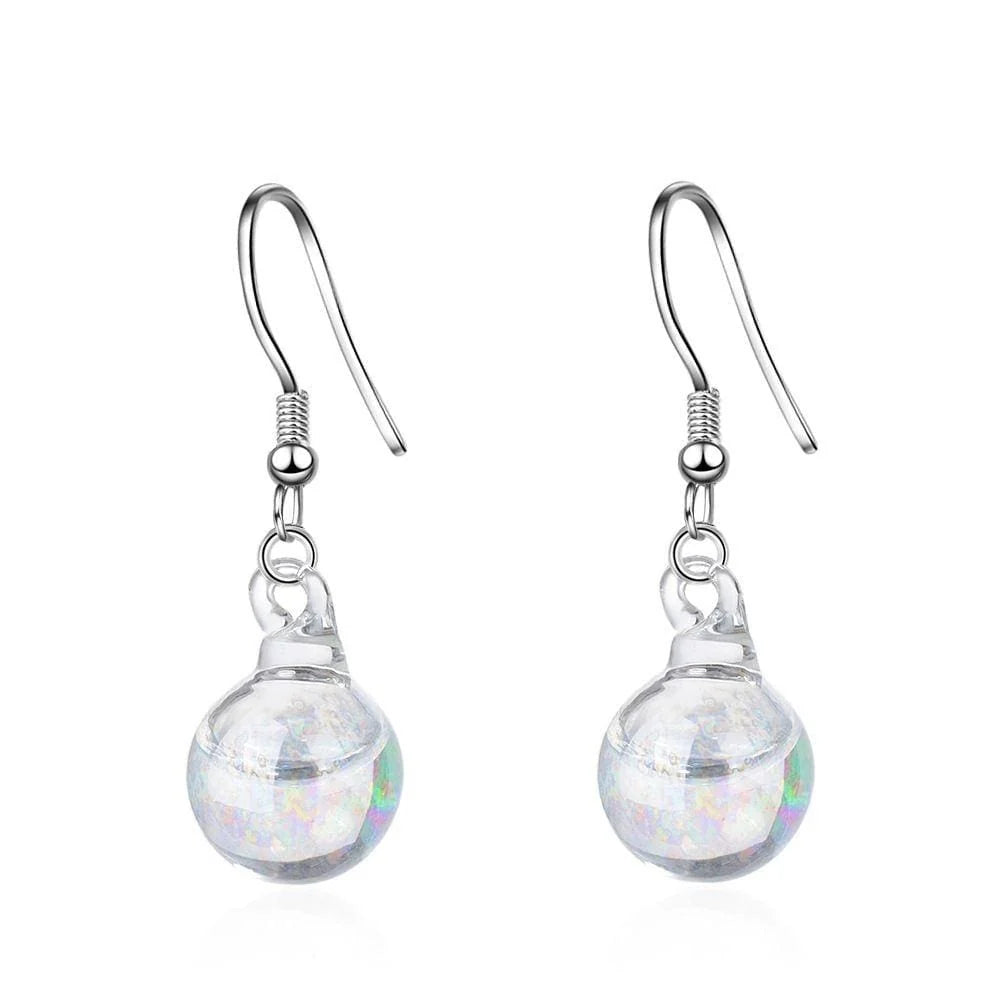 Clear Rainbow Glass Bubble White Gold Layered Drop Earrings