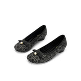 Pearl Bow Czech Crystal Knit Round Toe Wedge Pumps - Black