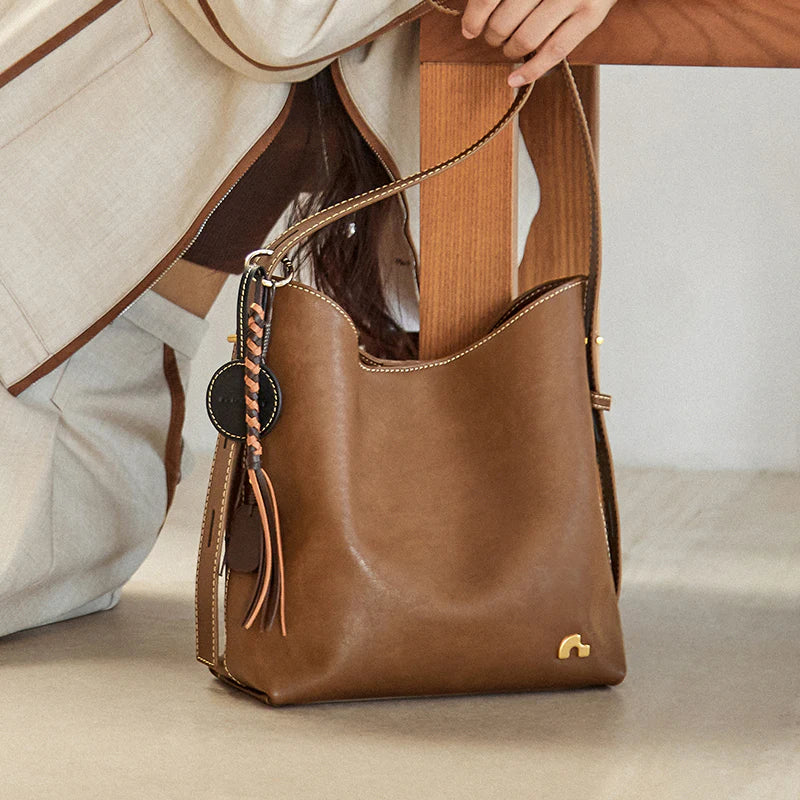 Nalandu Vintage Leather Large Capacity Tote Bag - Brown