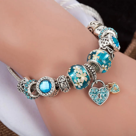 Pandora Inspired Full Set Beaded Charm Bracelet -  Silver/Blue