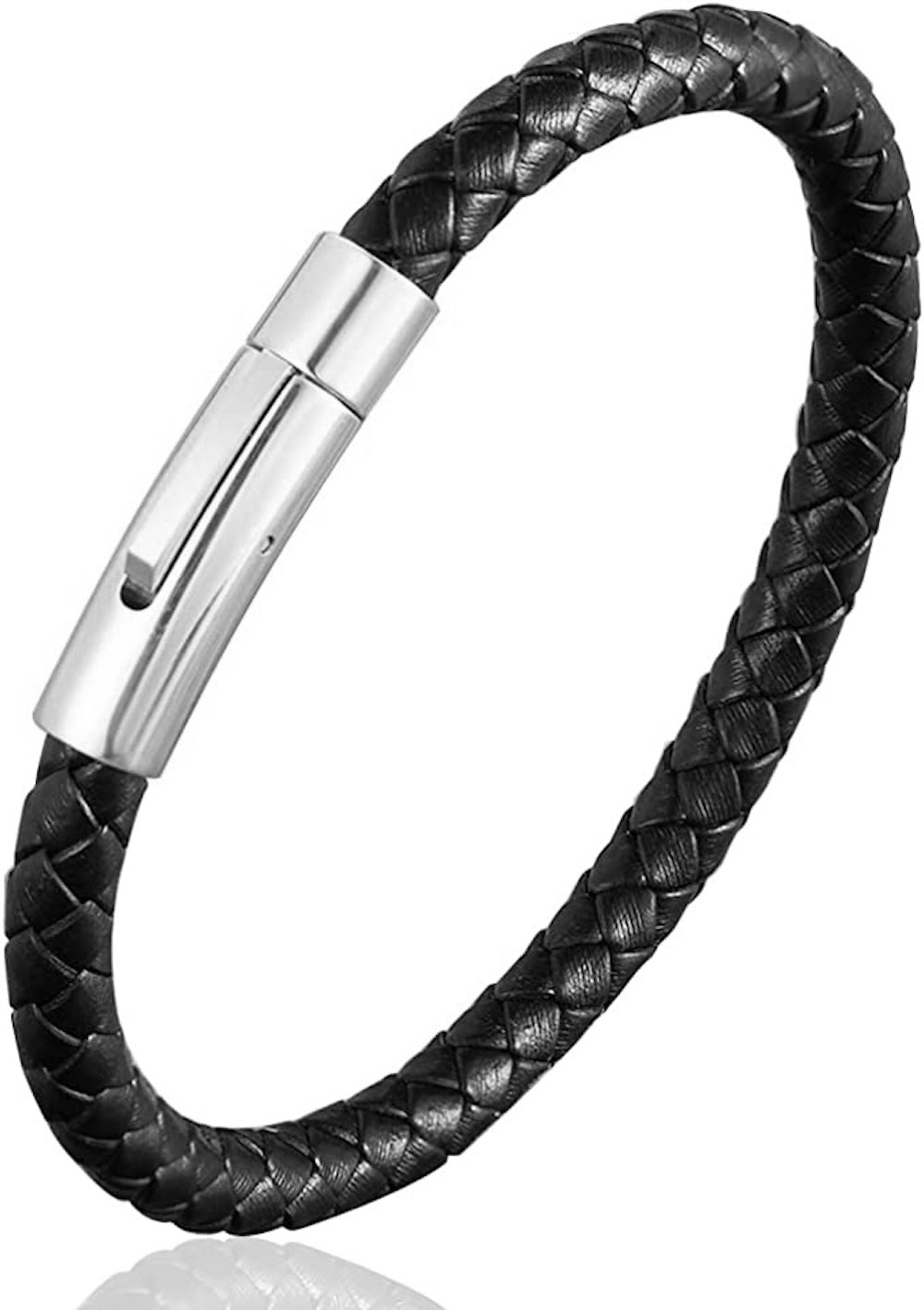 Stephen Oliver Stephen Oliver 18K White Gold Plated Black Leather Magnetic Bracelet