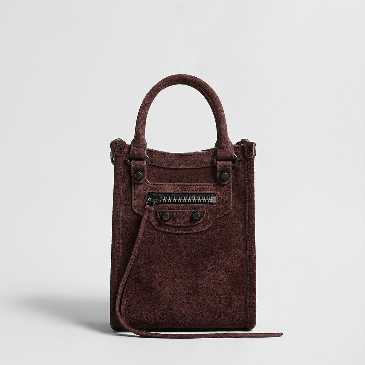 Suede Mini Moto Bag – Studded Top-Handle Crossbody Bag with Tassel