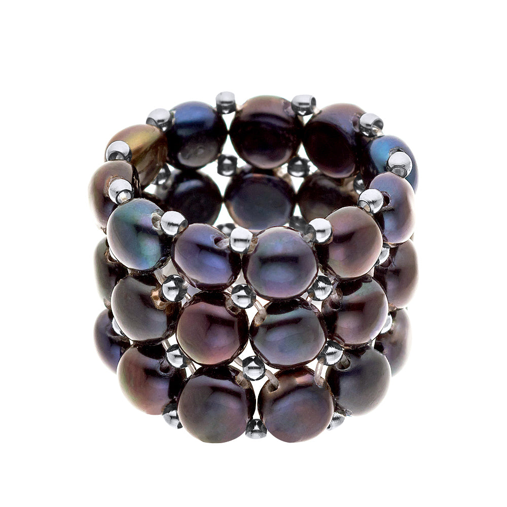 Ring 3 Rows - Black "Tahitian Style" - Size adjustable from Size 48 to Size 62 ( France ) - see enclosed Sizer