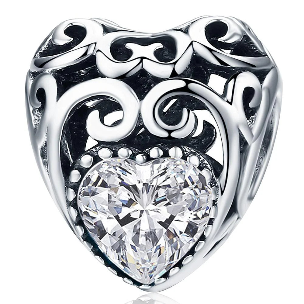 Solid 925 Sterling Silver Heart to Heart Clear CZ Charm
