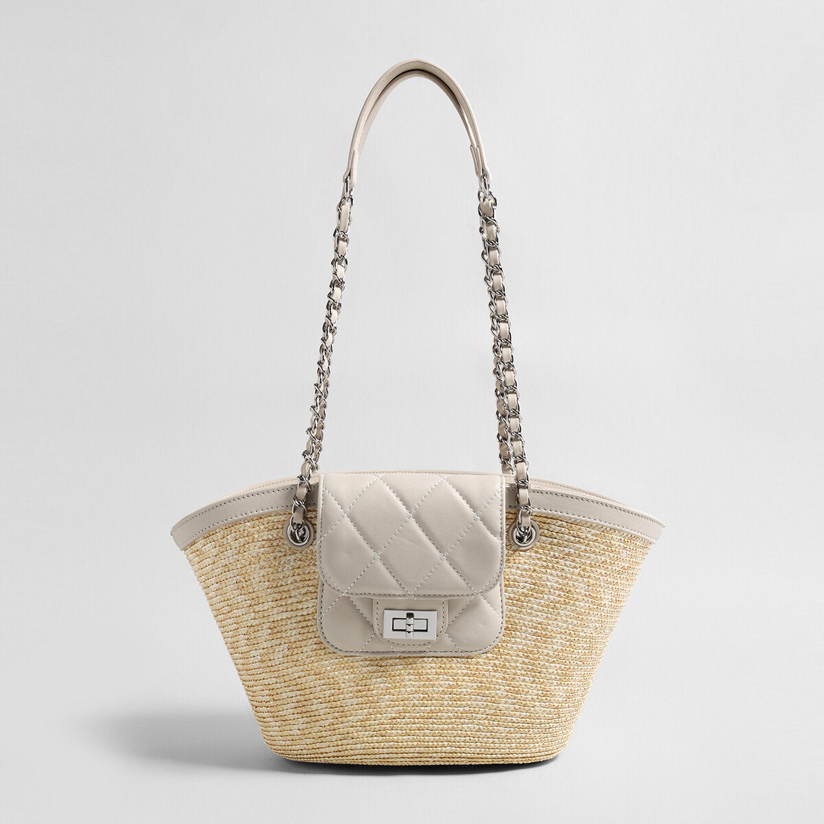Hand-Woven Straw Basket Tote with Quilted Chain Flap - Ivory
