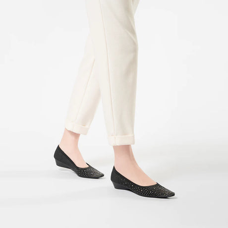 Rhinestone Gradient Knit Pointed Toe Wedge Flats - Black